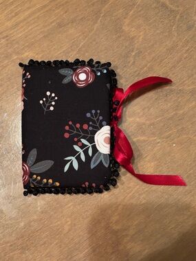 Handmade Floral Black & Pink Fabric Mini Notebook with Red Ribbon 60 Pages Lined